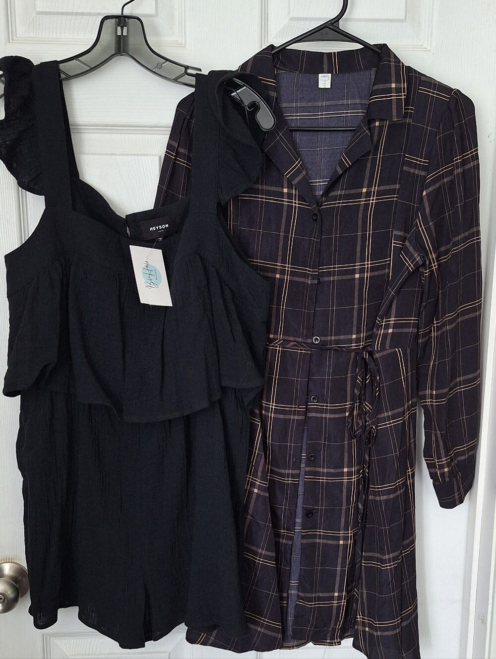 NWT Heyson Black Romper M + Grace & Chili Plaid Shirt Dress L Bundle